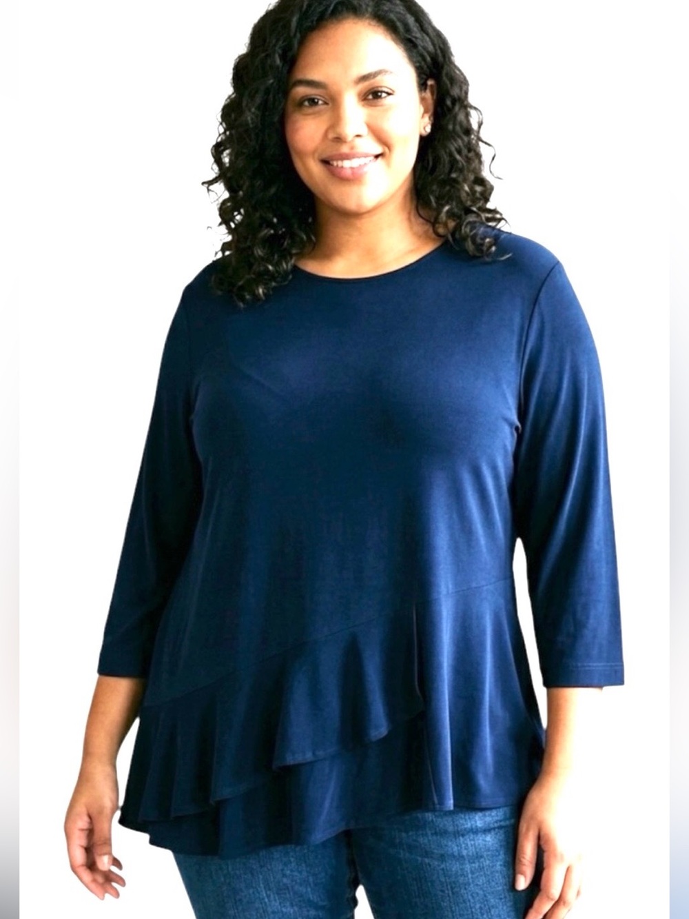 Picadilly Navy Blue Asymmetric Ruffle Hem 3/4 Sleeve Stretchy Top Size Xlarge
